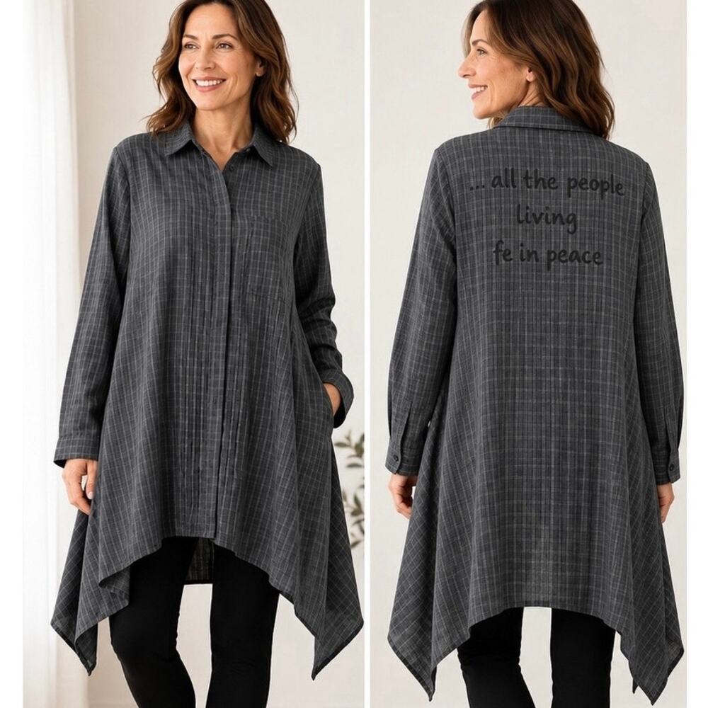 Luukaa Tunic Shirt Women Size 14 Gray Plaid Asymmetrical Hem Oversized Lagenlook